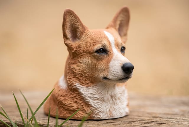 The sculpt of the same corgi, with the same off-center white blaze