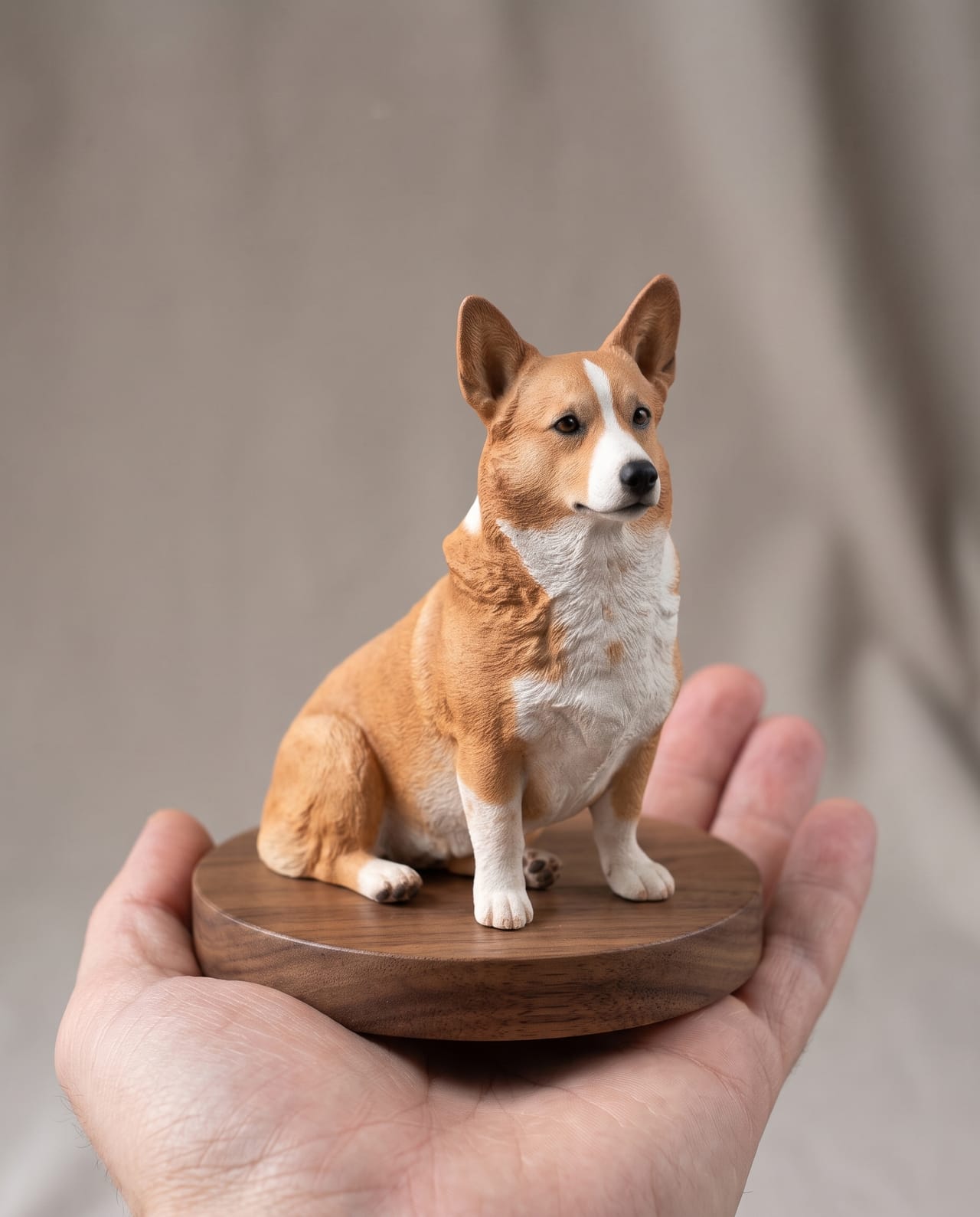 The corgi figurine on its walnut base, held in an open hand to show its size