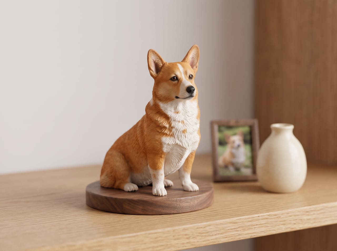 A small full-color figurine of a corgi sitting on a round walnut base on a light oak shelf